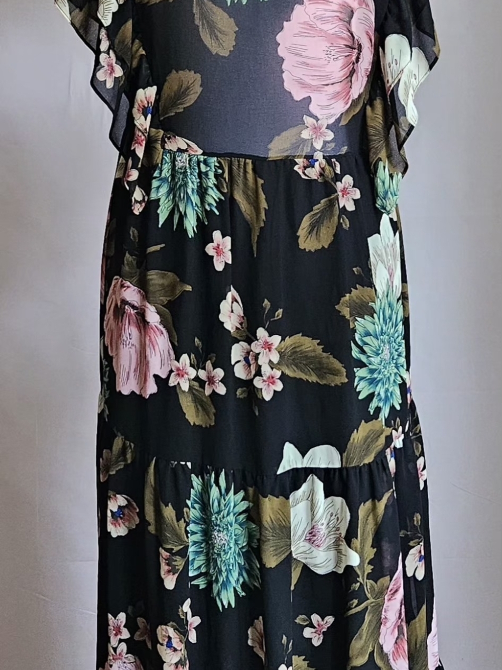 ZARA Black Tropical Floral Ruffle Tiered Maxi Dress Sz XS/S Boho Romantic - Picture 7 of 16